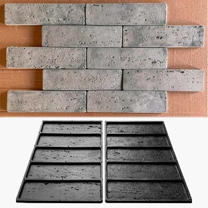 Könnte beinhalten: Ein Satz aus zwei schwarzen Silikonformen zum Erstellen von Betonmauerplatten. Jede Form hat sechs einzelne Ziegelabdrücke.