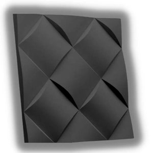 May include: A black wall panel with a geometric design of overlapping squares. The squares have a curved, three-dimensional effect.