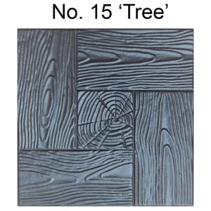 May include: A square, textured panel with a wood grain design. The panel is divided into sections, each showcasing a different pattern of wood grain, including cross-sections and linear patterns. The text "No. 15 'Tree'" is at the top.
