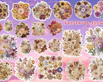 May include: A collection of 16 preserved flower stickers. The stickers feature a variety of flowers in different colors and arrangements, including white, pink, purple, and yellow. The stickers are perfect for adding a touch of nature to your crafts, journals, and more.