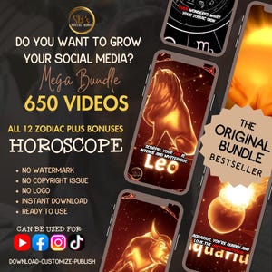 Puede incluir: Anuncio de un paquete de productos digitales con gráficos de signos del zodiaco en teléfonos inteligentes. La imagen incluye texto: "¿Quieres hacer crecer tus redes sociales? Mega Bundle, 650 videos, Horóscopo." Texto adicional destaca características como sin marca de agua y descarga instantánea.