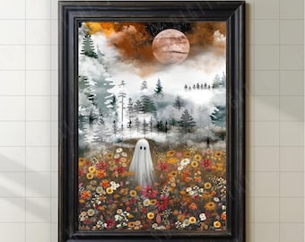 Ghost in Enchanted Forest Meadow Print, Whimsical Halloween Decor, Charming,Cute and Spooky/Fall/ Coffee Bar/Vintage/Cottage Core/Dark Moody