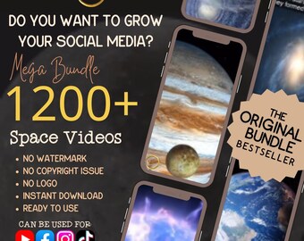 May include: A black and gold graphic with the text "DO YOU WANT TO GROW YOUR SOCIAL MEDIA? Mega Bundle 1200+ Space Videos" and a list of features: "NO WATERMARK", "NO COPYRIGHT ISSUE", "NO LOGO", "INSTANT DOWNLOAD", "READY TO USE". The graphic also includes icons for YouTube, Facebook, Instagram, and TikTok. The text "THE ORIGINAL BUNDLE BESTSELLER" is in a gold circle.