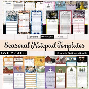 May include: A collection of printable notepad templates with various designs and themes. The image includes templates for grocery lists, to-do lists, notes, and more. The text on the image says "Seasonal Notepad Templates" and "Printable Stationery Bundle".