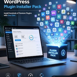 May include: A laptop displaying a WordPress dashboard with 478 plugins, next to a glowing box labeled Plugin Installer Pack emitting a stream of colorful software icons. Text reads WordPress Plugin Installer Pack, Install Hundreds of Premium Plugins with One Click, One Click Installation, Premium Plugins, Saves Time & Effort, Regular Updates, and Celestial Digital Services.