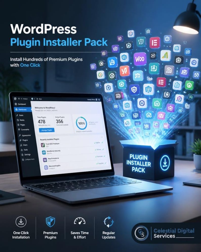 May include: A laptop displaying a WordPress dashboard with 478 plugins, next to a glowing box labeled Plugin Installer Pack emitting a stream of colorful software icons. Text reads WordPress Plugin Installer Pack, Install Hundreds of Premium Plugins with One Click, One Click Installation, Premium Plugins, Saves Time & Effort, Regular Updates, and Celestial Digital Services.