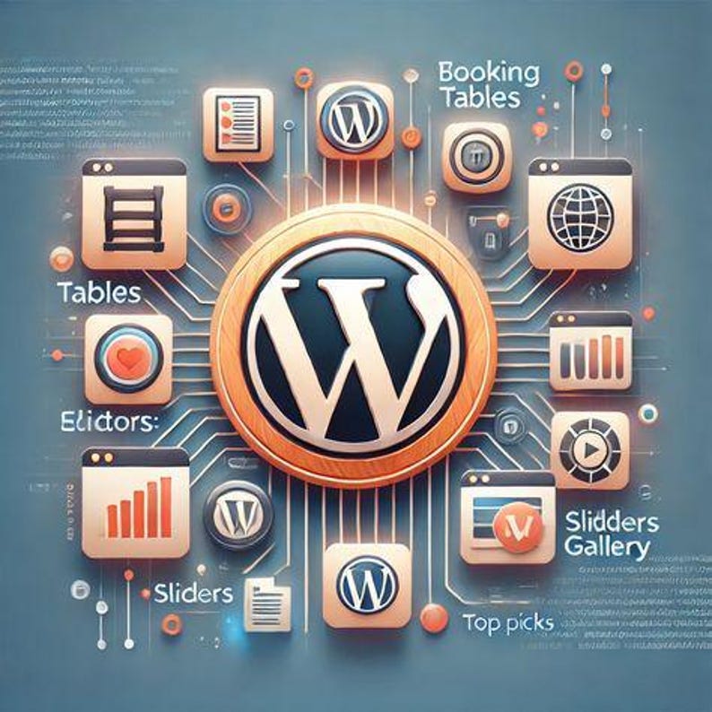 May include: A digital graphic featuring a large central WordPress logo surrounded by various icons representing website functions like Booking Tables, Tables, Editors, Sliders Gallery, and Top picks, all connected by thin lines on a blue background.