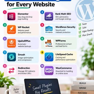 May include: An infographic titled 10 Must-Have WordPress Plugins for Every Website, listing tools like Elementor, Rank Math, WP Rocket, Wordfence, UpdraftPlus, WPForms, Smush, LiteSpeed Cache, Redirection, and WooCommerce with a laptop displaying Small Plugins Big Results.