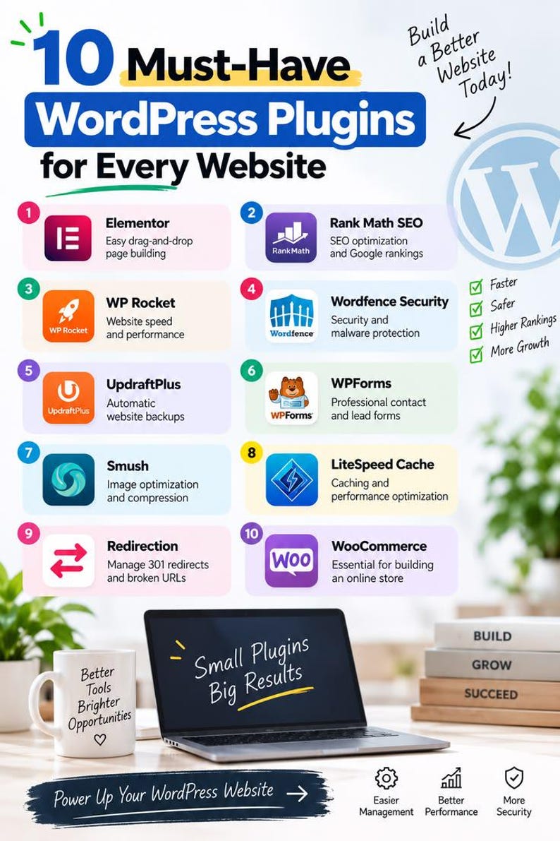 May include: An infographic titled 10 Must-Have WordPress Plugins for Every Website, listing tools like Elementor, Rank Math, WP Rocket, Wordfence, UpdraftPlus, WPForms, Smush, LiteSpeed Cache, Redirection, and WooCommerce with a laptop displaying Small Plugins Big Results.