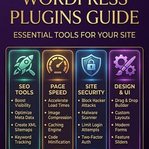 May include: An infographic titled WordPress Plugins Guide by Creative Hub Pakistan. It features four columns: SEO Tools, Page Speed, Site Security, and Design & UI, each with icons and bulleted lists of functions. A section for General Plugin Best Practices is below.