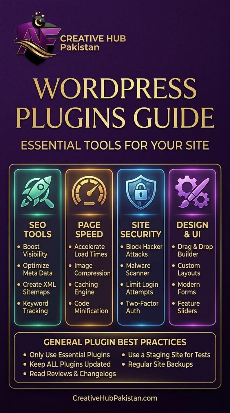 May include: An infographic titled WordPress Plugins Guide by Creative Hub Pakistan. It features four columns: SEO Tools, Page Speed, Site Security, and Design & UI, each with icons and bulleted lists of functions. A section for General Plugin Best Practices is below.