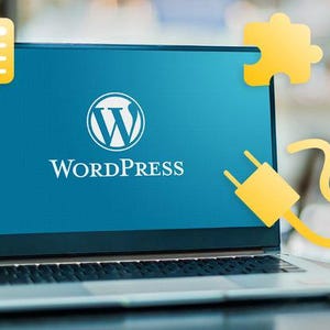 May include: A laptop screen displays the white WordPress logo and text on a blue background. Surrounding the screen are yellow graphic icons including a rectangular text box, a gear, a puzzle piece, and an electrical power plug with a cord.