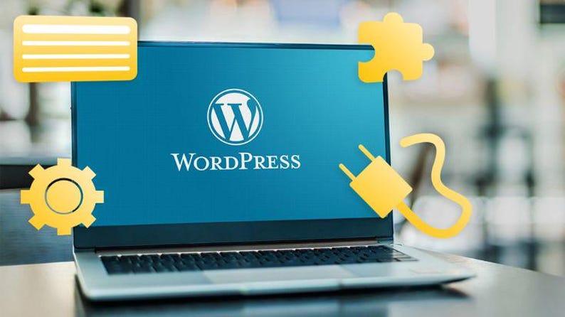 May include: A laptop screen displays the white WordPress logo and text on a blue background. Surrounding the screen are yellow graphic icons including a rectangular text box, a gear, a puzzle piece, and an electrical power plug with a cord.
