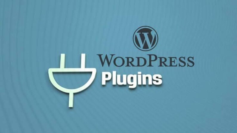 May include: A blue graphic featuring a white electrical plug icon on the left side. To the right, the text reads WordPress in a dark serif font, with the word Plugins in a bold white sans-serif font below it, and the WordPress logo above.