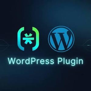 May include: A digital graphic featuring a glowing cyan and green abstract icon next to a blue WordPress logo. Below these symbols, the text WordPress Plugin is displayed in a clean, sans-serif font against a dark blue background with subtle lines.