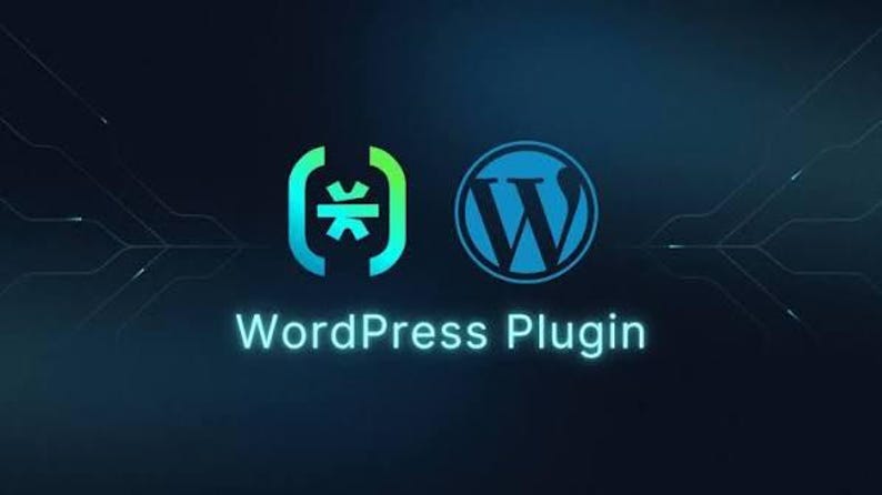 May include: A digital graphic featuring a glowing cyan and green abstract icon next to a blue WordPress logo. Below these symbols, the text WordPress Plugin is displayed in a clean, sans-serif font against a dark blue background with subtle lines.