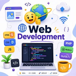 May include: A 3D illustration featuring a laptop displaying code, surrounded by icons for HTML, CSS, JS, PHP, Node.js, and MySQL. A globe with a smiling emoji giving a thumbs up, a coffee mug, and a small plant are present with the text Web Development.