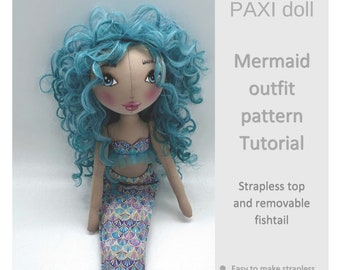 PDF-Muster für Meerjungfrauen-Outfit für PAXI-Puppe, abnehmbarer Fischschwanz und trägerloses Oberteil
