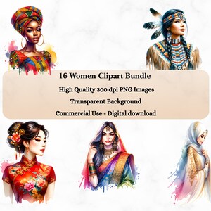 Ethnische Vielfalt Frauen Clipart | Frauen Tag Clipart-Bundle | PNG transparente Hintergrundbilder, 300 DPI | Aquarell Frauen Clipart