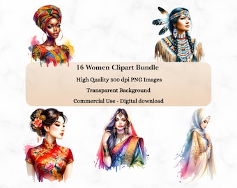 Bundel met diverse clipartafbeeldingen van vrouwen: aquarel PNG-afbeeldingen, geschikt voor commercieel gebruik.