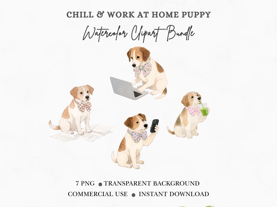 Watercolor Puppy Clipart Bundle PNG, Preppy Dog With Bow Art, Cute ...