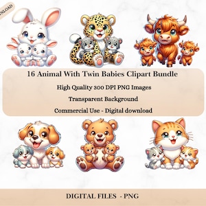 Cute Animal Mom com Twin Babies Clipart Bundle | Família Animal PNG | Download Digital de Animais Bebês | Clipart de Arte de Berçário | Cartão de Dia das Mães