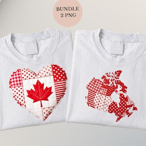 Könnte beinhalten: Zwei weiße T-Shirts mit rot-weißen Designs. Eines zeigt ein herzförmiges Design mit Ahornblatt und Patchwork-Mustern. Das andere Shirt zeigt eine Karte von Kanada im Patchwork-Stil. Der Text "BUNDLE 2 PNG" befindet sich in einem Kreis.