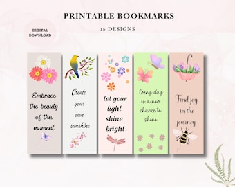 Juego de marcapáginas imprimibles de primavera con citas positivas, regalo de accesorios de lectura para amantes de los libros, marcapáginas con cita inspiradora floral, digital