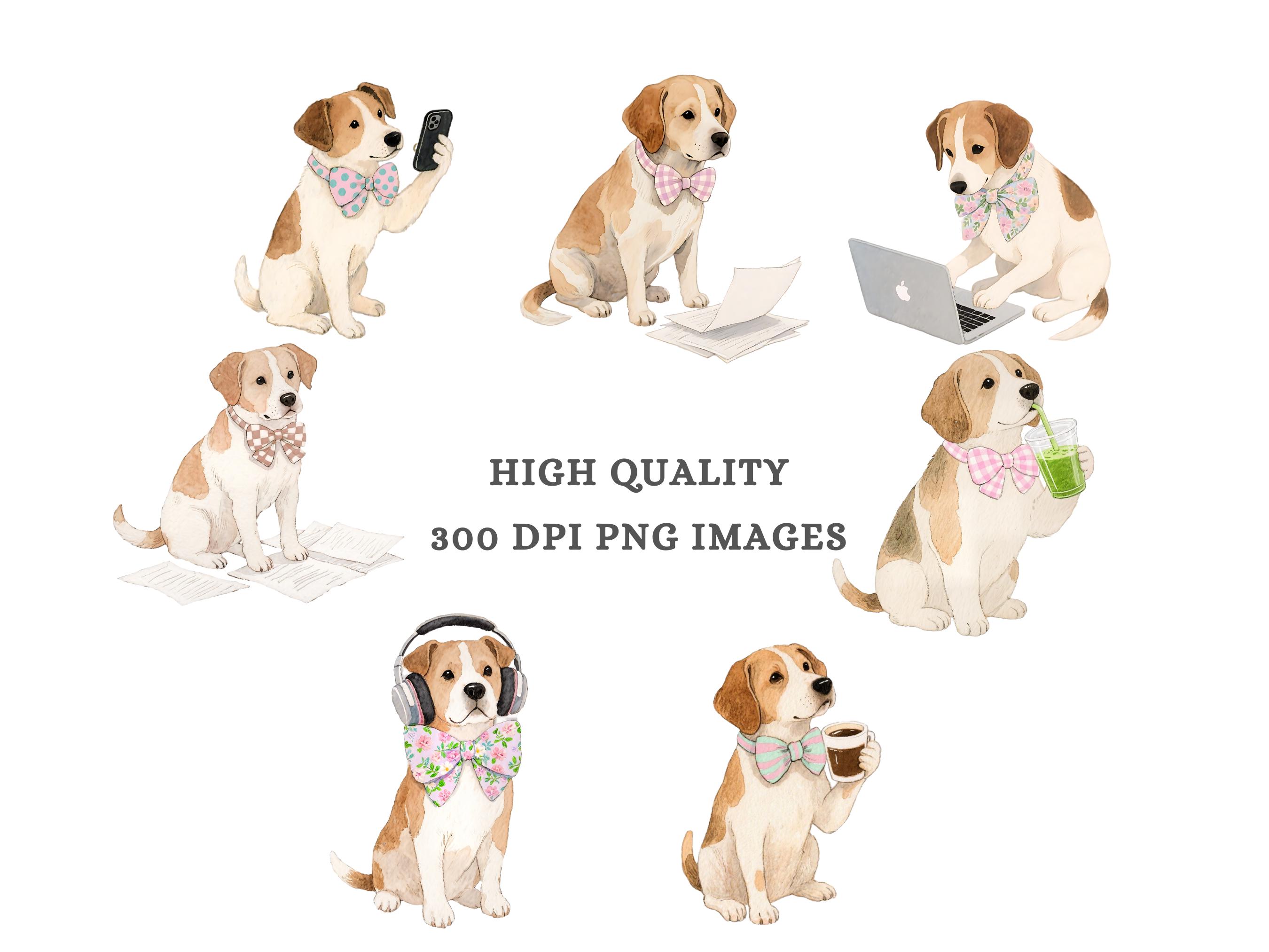 Watercolor Puppy Clipart Bundle PNG, Preppy Dog With Bow Art, Cute ...