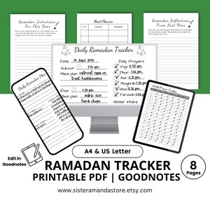 May include: Printable Ramadan tracker in black and white with a calendar, meal planner, prayer tracker, and reflection pages. The tracker is designed for use with the Goodnotes app. The text on the page reads "Ramadan Tracker Printable PDF | Goodnotes 8 Pages".