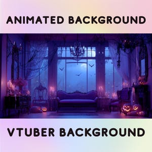 May include: A digital background with a spooky Halloween theme. The image features a room with a purple sofa, lit candles, and jack-o'-lanterns. The text "ANIMATED BACKGROUND" and "VTUBER BACKGROUND" are displayed at the top and bottom.