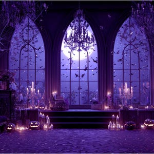 Puede incluir: Un interior gótico púrpura con ventanas arqueadas, luna llena y murciélagos. La habitación está decorada con velas, candelabros y calabazas talladas, creando una atmósfera de Halloween espeluznante.