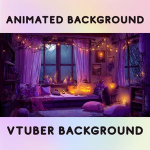 Op de afbeelding: Digitale illustratie van een kamer met een Halloween-thema. De kamer heeft een groot raam met een volle maan, verlichte pompoenen, kaarsen en lichtslingers. De tekst bovenaan luidt "ANIMATED BACKGROUND" en onderaan "VTUBER BACKGROUND".