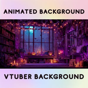 May include: A digital illustration of a spooky room with the text "ANIMATED BACKGROUND" and "VTUBER BACKGROUND". The room features a large window with a full moon, jack-o'-lanterns, candles, and bookshelves, creating a Halloween theme.