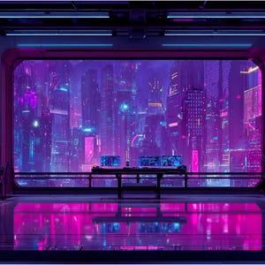 May include: A futuristic interior with a large window overlooking a neon-lit cityscape. The room is bathed in purple and pink hues, with computer screens and a table in the foreground. The scene evokes a cyberpunk aesthetic.