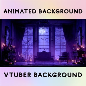 Puede incluir: Un fondo digital con un tema gótico y espeluznante. La imagen presenta una habitación con grandes ventanas, una luna llena y murciélagos. Se muestra el texto "ANIMATED BACKGROUND" y "VTUBER BACKGROUND".
