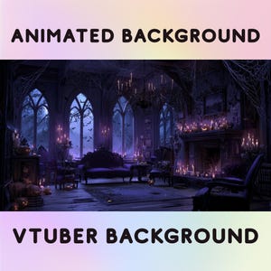May include: A digital illustration of a gothic-style room with the text "ANIMATED BACKGROUND" and "VTUBER BACKGROUND". The room features arched windows, a fireplace, and a chandelier, all in shades of purple and blue. Candles and cobwebs add to the spooky atmosphere.