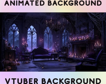 May include: A digital illustration of a gothic-style room with the text "ANIMATED BACKGROUND" and "VTUBER BACKGROUND". The room features arched windows, a fireplace, and a chandelier, all in shades of purple and blue. Candles and cobwebs add to the spooky atmosphere.