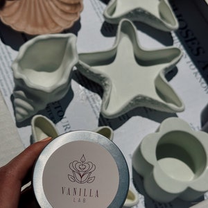 Pode incluir: Uma lata de prata com um rótulo branco que apresenta um desenho de rosa e o texto "VANILLA LAB". A lata é cercada por vários itens decorativos de cerâmica, incluindo conchas e estrelas do mar.