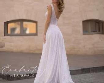 sparkle wedding dress, silver white wedding dress, grey wedding dress, rhinestone trim sleeveless wedding dress, plunge wedding dress