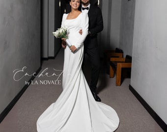 casual wedding dress, crepe wedding dress, modest bridal gown with puff sleeve, minimal chic wedding dress, long sleeve wedding dress