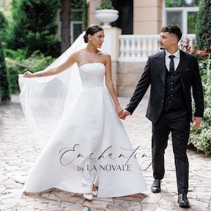 robe de mariée sans bretelles, robe de mariée aux lignes épurées, robe de mariée trapèze minimaliste chic avec traine, robe de mariée en mikado, robe de mariée bandeau