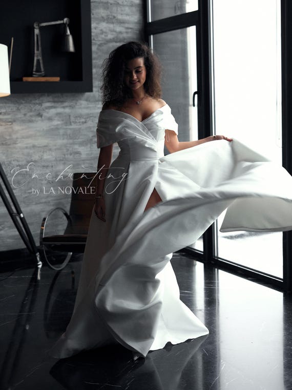 bardot satin wedding dress strapless wedding dress in satin, Bardot wedding dress, off shoulder Modern chic bridal gown, wrapover skirt Hollywood inspired bridal gown