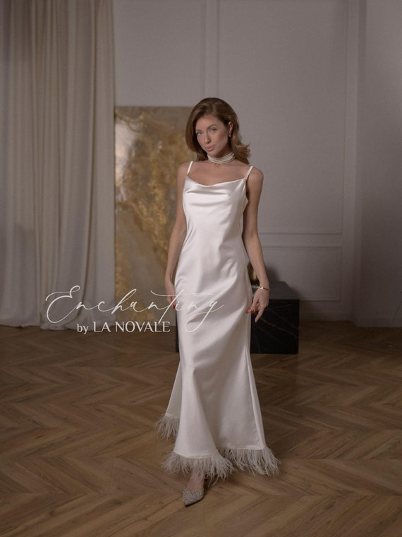 casual wedding dress, elopement dress, bridal shower dress, rehearsal dinner dress, feather trim bridesmaid dress, bridal after party dress