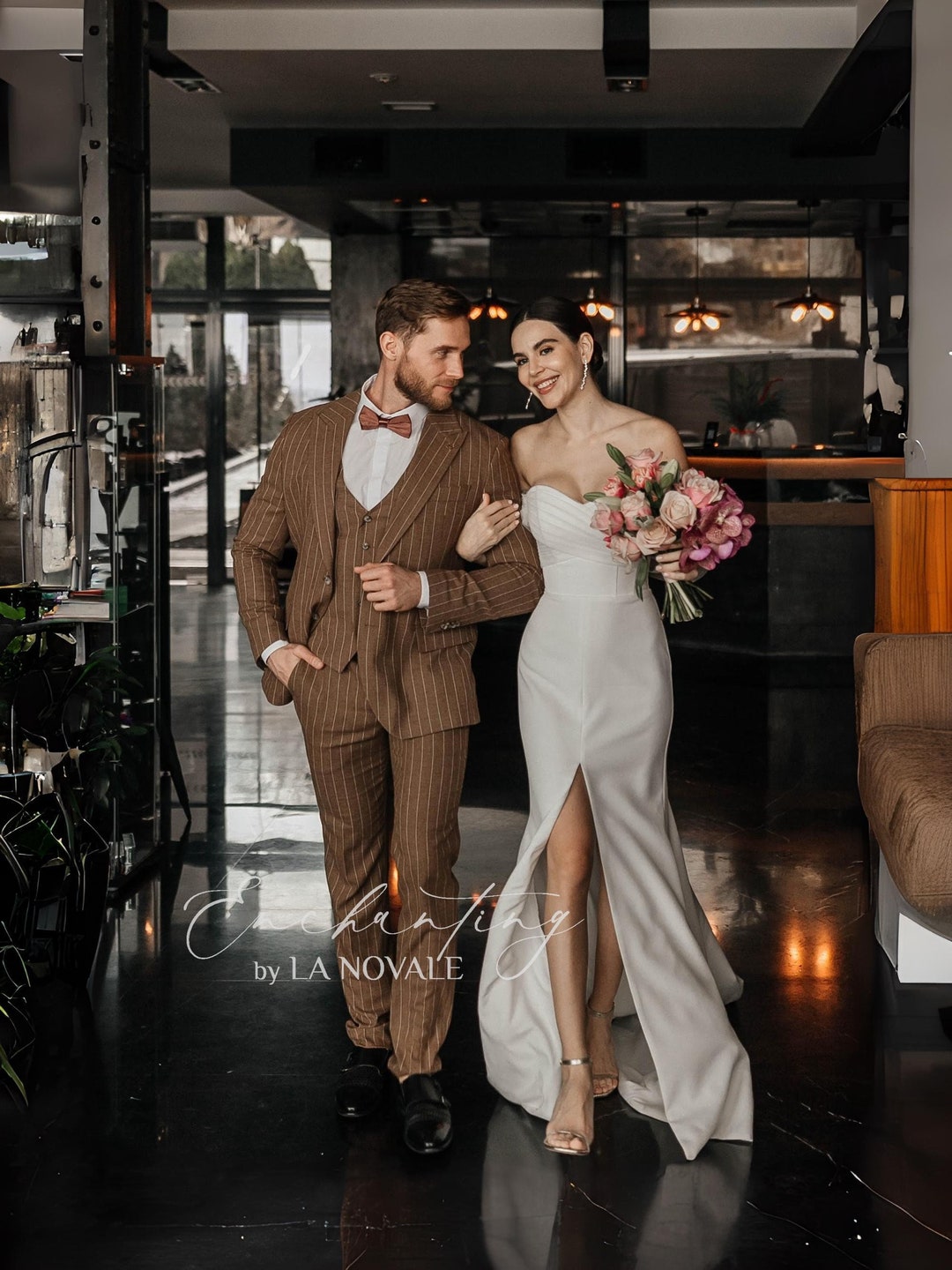 Simple Wedding Dress for Bride – Minimalist Crepe Cap Sleeve Column Gown