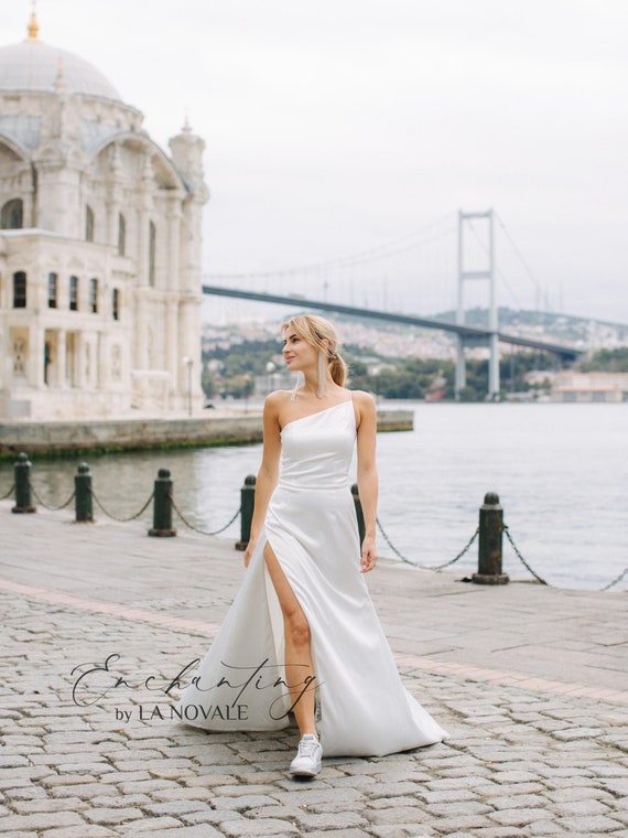 chic Modern wedding dress in satin, minimal chic bridal gown one shoulder, rehearsal dinner dress, slim fitted bridal gown with sweep train