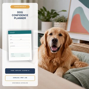 Planner voor het opbouwen van zelfvertrouwen bij honden, uitdaging voor moedig gedrag en voortgangslogboek, invulbaar PDF-bestand