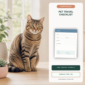 Pet Travel Packing Checklist, Dog Cat Vacation Supplies and Documents List, Fillable PDF