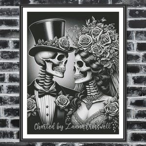 May include: Black and white framed print featuring a skeletal couple in formal attire. The male skeleton wears a top hat adorned with roses, while the female skeleton is adorned with a floral headpiece. The print is labeled "Charted by Zanna Crosswell."