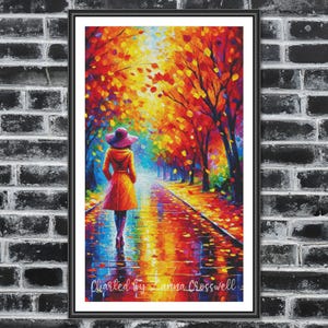 May include: A framed art print depicting an autumnal scene. A figure in an orange coat and purple hat walks along a path flanked by trees. The artwork uses vivid reds, yellows, and oranges, with the text "Charted by Zanna Crosswell" at the bottom.